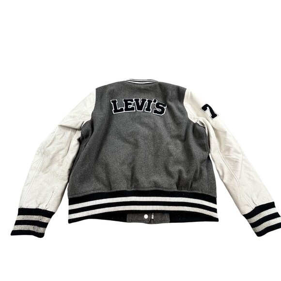 Levi Women Large Gray Quilted Mixed Media Letterman Varsity Bomber Jacket Grunge - Picture 1 of 16
